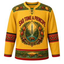 Load image into Gallery viewer, Sao Tome and Principe Original Hockey Jersey in Cocoa Gold, front view – cocoa-leaf yoke and teardrop Pico Cao Grande crest with ornate detailed artwork, custom name and number