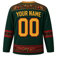 Load image into Gallery viewer, Sao Tome and Principe Original Hockey Jersey in Obo Forest Green, back view with your name and number – cocoa-pod leaf yoke and drum-diamond sleeve bands
