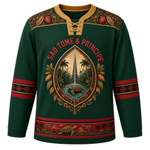 Load image into Gallery viewer, Sao Tome and Principe Original Hockey Jersey in Obo Forest Green, front view – cocoa-leaf yoke and teardrop Pico Cao Grande crest with ornate detailed artwork, custom name and number
