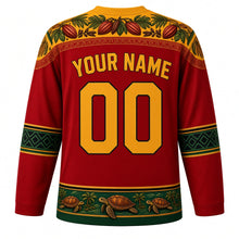 Load image into Gallery viewer, Sao Tome and Principe Original Hockey Jersey in Roca Red, back view with your name and number – cocoa-pod leaf yoke and drum-diamond sleeve bands