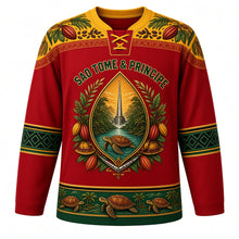 Load image into Gallery viewer, Sao Tome and Principe Original Hockey Jersey in Roca Red, front view – cocoa-leaf yoke and teardrop Pico Cao Grande crest with ornate detailed artwork, custom name and number