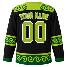 Load image into Gallery viewer, Sassy Swagger Emotion Hockey Jersey in Midnight Black, back view with your name and number – swirl-pattern yoke and green sleeve stripes