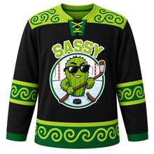 Load image into Gallery viewer, Sassy Swagger Emotion Hockey Jersey in Midnight Black, front view – cool cactus mascot in sunglasses with swirls and crossed hockey sticks, custom name and number