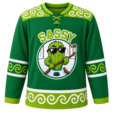 Load image into Gallery viewer, Sassy Swagger Emotion Hockey Jersey in Emerald Green, front view – cool cactus mascot in sunglasses with swirls and crossed hockey sticks, custom name and number