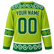 Load image into Gallery viewer, Sassy Swagger Emotion Hockey Jersey in Zesty Lime, back view with your name and number – swirl-pattern yoke and green sleeve stripes