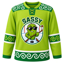 Load image into Gallery viewer, Sassy Swagger Emotion Hockey Jersey in Zesty Lime, front view – cool cactus mascot in sunglasses with swirls and crossed hockey sticks, custom name and number
