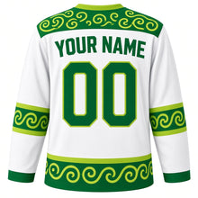 Load image into Gallery viewer, Sassy Swagger Emotion Hockey Jersey in Cool White, back view with your name and number – swirl-pattern yoke and green sleeve stripes