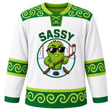 Load image into Gallery viewer, Sassy Swagger Emotion Hockey Jersey in Cool White, front view – cool cactus mascot in sunglasses with swirls and crossed hockey sticks, custom name and number