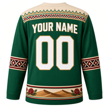 Load image into Gallery viewer, Saudi Arabia Original Hockey Jersey in Oasis Emerald, back view with your name and number – Al-Qatt geometric yoke and Al Sadu woven sleeve bands