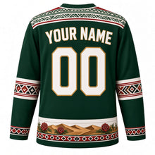 Load image into Gallery viewer, Saudi Arabia Original Hockey Jersey in Najd Green, back view with your name and number – Al-Qatt geometric yoke and Al Sadu woven sleeve bands