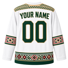 Load image into Gallery viewer, Saudi Arabia Original Hockey Jersey in Pearl White, back view with your name and number – Al-Qatt geometric yoke and Al Sadu woven sleeve bands