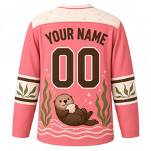 Load image into Gallery viewer, Sea Otter Kelp Forest Original Hockey Jersey in Coral Dusk, back view with your name and number – bubble-pattern yoke and kelp-stripe sleeve bands
