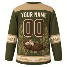 Load image into Gallery viewer, Sea Otter Kelp Forest Original Hockey Jersey in Kelp Olive, back view with your name and number – bubble-pattern yoke and kelp-stripe sleeve bands