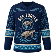 Load image into Gallery viewer, Sea Turtle Voyage Original Hockey Jersey in Abyss Indigo, front view – sea turtle swimming over ocean waves with turtle-and-wave crest, custom name and number