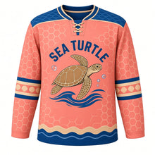 Load image into Gallery viewer, Sea Turtle Voyage Original Hockey Jersey in Coral Sunset, front view – sea turtle swimming over ocean waves with turtle-and-wave crest, custom name and number