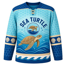 Load image into Gallery viewer, Sea Turtle Voyage Original Hockey Jersey in Reef Turquoise, front view – sea turtle swimming over ocean waves with turtle-and-wave crest, custom name and number