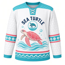 Load image into Gallery viewer, Sea Turtle Voyage Original Hockey Jersey in Seashell White, front view – sea turtle swimming over ocean waves with turtle-and-wave crest, custom name and number