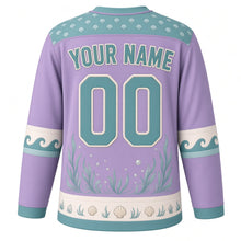 Load image into Gallery viewer, Seahorse Reef Original Hockey Jersey in Sunset Lilac, back view with your name and number – scallop shell yoke and wave-curl sleeve bands
