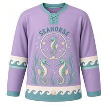 Load image into Gallery viewer, Seahorse Reef Original Hockey Jersey in Sunset Lilac, front view – two curly-tailed seahorses among sea grass with seahorse crest, custom name and number