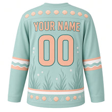 Load image into Gallery viewer, Seahorse Reef Original Hockey Jersey in Seafoam Mint, back view with your name and number – scallop shell yoke and wave-curl sleeve bands