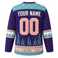 Load image into Gallery viewer, Seahorse Reef Original Hockey Jersey in Deep Violet Sea, back view with your name and number – scallop shell yoke and wave-curl sleeve bands