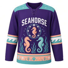 Load image into Gallery viewer, Seahorse Reef Original Hockey Jersey in Deep Violet Sea, front view – two curly-tailed seahorses among sea grass with seahorse crest, custom name and number