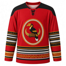Load image into Gallery viewer, Sekrenyi Original Hockey Jersey in Naga Red, front view with themed artwork and clean crest