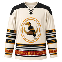 Load image into Gallery viewer, Sekrenyi Original Hockey Jersey in Bone White, front view with themed artwork and clean crest