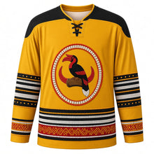 Load image into Gallery viewer, Sekrenyi Original Hockey Jersey in Mustard Yellow, front view with themed artwork and clean crest