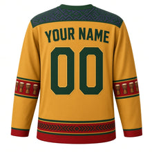 Load image into Gallery viewer, Senegal Original Hockey Jersey in Sahel Gold, back view with your name and number – indigo wax-resist yoke and sabar-drum sleeve bands
