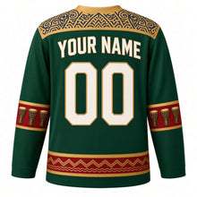 Load image into Gallery viewer, Senegal Original Hockey Jersey in Baobab Green, back view with your name and number – indigo wax-resist yoke and sabar-drum sleeve bands