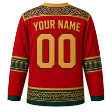 Load image into Gallery viewer, Senegal Original Hockey Jersey in Teranga Red, back view with your name and number – indigo wax-resist yoke and sabar-drum sleeve bands