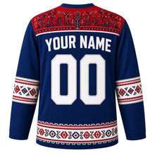 Load image into Gallery viewer, Serbia Original Hockey Jersey in Danube Blue, back view with your name and number – Pirot kilim yoke and folk-embroidery sleeve bands