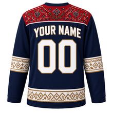 Load image into Gallery viewer, Serbia Original Hockey Jersey in Morava Navy, back view with your name and number – Pirot kilim yoke and folk-embroidery sleeve bands