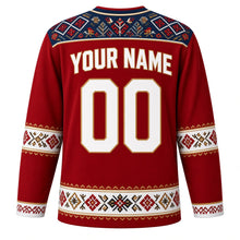 Load image into Gallery viewer, Serbia Original Hockey Jersey in Kilim Red, back view with your name and number – Pirot kilim yoke and folk-embroidery sleeve bands