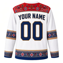 Load image into Gallery viewer, Serbia Original Hockey Jersey in Kolo White, back view with your name and number – Pirot kilim yoke and folk-embroidery sleeve bands