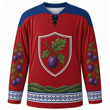 Load image into Gallery viewer, Serbian Statehood Day Original Hockey Jersey in Serbian Red, front view with themed artwork and clean crest