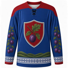 Load image into Gallery viewer, Serbian Statehood Day Original Hockey Jersey in Royal Blue, front view with themed artwork and clean crest
