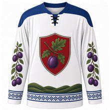 Load image into Gallery viewer, Serbian Statehood Day Original Hockey Jersey in White, front view with themed artwork and clean crest