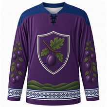 Load image into Gallery viewer, Serbian Statehood Day Original Hockey Jersey in Plum Purple, front view with themed artwork and clean crest