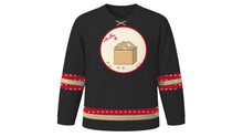 Load image into Gallery viewer, Setsubun Original Hockey Jersey in Charcoal Black, front view – masu box of roasted soybeans crest – custom name and number