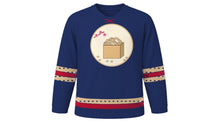Load image into Gallery viewer, Setsubun Original Hockey Jersey in Indigo, front view – masu box of roasted soybeans crest – custom name and number