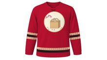 Load image into Gallery viewer, Setsubun Original Hockey Jersey in Crimson Red, front view – masu box of roasted soybeans crest – custom name and number
