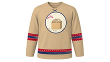 Load image into Gallery viewer, Setsubun Original Hockey Jersey in Soybean Tan, front view – masu box of roasted soybeans crest – custom name and number