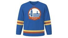 Load image into Gallery viewer, Seville Original Hockey Jersey in Azulejo Blue, front view – custom name and number