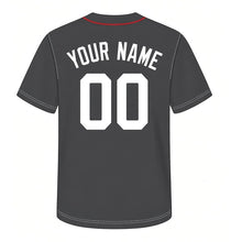 Load image into Gallery viewer, Sewing Machine Milwaukee Baseball Jersey in Workroom Charcoal, back view with your name and number – custom block name and number with stitch-pattern sleeves