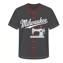 Load image into Gallery viewer, Sewing Machine Milwaukee Baseball Jersey in Workroom Charcoal, front view – vintage sewing machine with red thread spool graphic, custom name and number