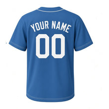 Load image into Gallery viewer, Sewing Machine Milwaukee Baseball Jersey in Denim Blue, back view with your name and number – custom block name and number with stitch-pattern sleeves