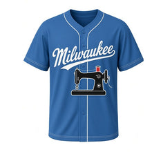Load image into Gallery viewer, Sewing Machine Milwaukee Baseball Jersey in Denim Blue, front view – vintage sewing machine with red thread spool graphic, custom name and number