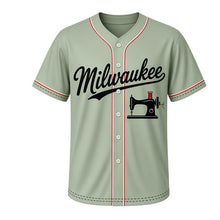 Load image into Gallery viewer, Sewing Machine Milwaukee Baseball Jersey in Pattern Paper Sage, front view – vintage sewing machine with red thread spool graphic, custom name and number
